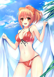  bad_id bad_pixiv_id bikini bird breasts cleavage cloud collarbone day female front-tie_bikini_top front-tie_top girlfriend_(kari) hair_ribbon hatsu_(first_snow) holding long_hair looking_at_viewer medium_breasts navel open_mouth orange_eyes orange_hair orange_ribbon outdoors ponytail red_bikini ribbon sakurai_akane_(girlfriend) sky solo swimsuit 