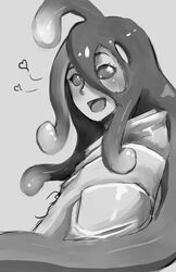  ahoge bad_deviantart_id bad_id bankage female greyscale heart huge_ahoge long_hair monochrome monster_girl monster_musume_no_iru_nichijou no_pupils open_mouth raincoat slime_girl solo suu_(monster_musume) upper_body 