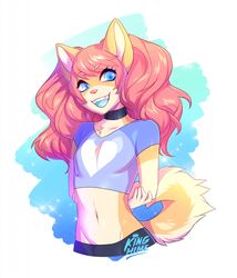  anthro armony avoid_posting blue_eyes blue_tongue bottomwear canid canine canis choker clothed clothing crop_top domestic_dog enjoipandas femboy hair hi_res jewelry looking_at_viewer male mammal midriff navel necklace open_mouth pants pink_hair shiba_inu shirt simple_background smile solo spitz tongue topwear 