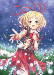  absurdres alcohol blonde_hair blue_eyes blush cracked_skin doll_joints female flower highres joints lily_of_the_valley medicine_melancholy mitsucho night night_sky photoshop_(medium) sake shirt skirt sky solo star_(sky) starry_sky tears torn_clothes torn_shirt torn_skirt torn_sleeves touhou 