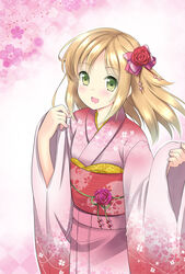  commentary_request female flower green_eyes hair_flower hair_ornament hair_ribbon japanese_clothes kimono light_brown_hair long_hair open_mouth original photoshop_(medium) pink_kimono red_ribbon ribbon solo yoshikita_popuri yukata 