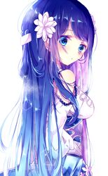  bad_id bad_pixiv_id blue_eyes blue_hair blush breasts clothing_cutout dress female flower hair_flower hair_ornament hairclip long_hair long_sleeves looking_away looking_to_the_side medium_breasts multicolored_hair naoton original parted_lips purple_hair shoulder_cutout simple_background solo two-tone_hair very_long_hair white_background white_dress white_flower 