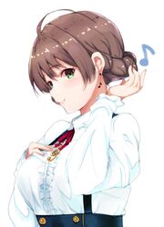  ahoge blush braid breasts brown_hair center_frills commentary dress_shirt earrings eighth_note female frills green_eyes hand_on_own_chest hand_up highres idolmaster idolmaster_million_live! jewelry looking_at_viewer looking_to_the_side medium_breasts musical_note musical_note_earrings musical_note_necklace red_ribbon ribbon ryuu. sakuramori_kaori shirt side_braid simple_background smile solo suspenders white_background 