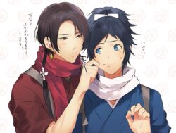  2boys blue_eyes bow cheek_pull commentary_request earrings hairbow high_ponytail japanese_clothes jewelry kashuu_kiyomitsu male_focus mole mole_under_eye mole_under_mouth multiple_boys nail_polish okii_(oh_ki_ik) red_nails red_scarf scarf touken_ranbu white_scarf yamato-no-kami_yasusada 