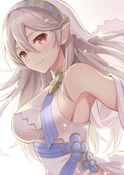  absurdres armpit_peek bare_shoulders breasts closed_mouth commentary_request corrin_(female)_(fire_emblem) corrin_(fire_emblem) female fire_emblem fire_emblem_fates fire_emblem_heroes from_side highres long_hair looking_to_the_side medium_breasts pointy_ears red_eyes shiyo_yoyoyo simple_background smile solo upper_body veil white_background white_hair 