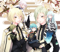  6+boys apricot_blossom apricot_flower aqua_hair bad_id bad_pixiv_id black_gloves blonde_hair blue_eyes blue_hair blurry branch cape closed_eyes cup depth_of_field egasumi eyes_visible_through_hair flower fukeda_chiho gloves green_hair hair_over_one_eye higekiri_(touken_ranbu) hizamaru_(touken_ranbu) ichigo_hitofuri japanese_clothes kousetsu_samonji male_focus mini_person miniboy multiple_boys open_mouth smile touken_ranbu tsurumaru_kuninaga uguisumaru white_hair yellow_eyes yunomi 