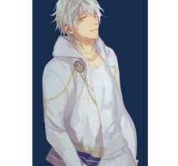  1boy adapted_costume bad_id bad_pixiv_id belt blue_background casual commentary_request contemporary cowboy_shot hood hoodie jacket jewelry looking_at_viewer male_focus necklace okii_(oh_ki_ik) open_clothes open_jacket pants pom_pom_(clothes) simple_background smile solo touken_ranbu tsurumaru_kuninaga white_hair white_pants yellow_eyes 