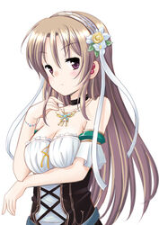  aiyoku_no_eustia breasts brown_hair cleavage collar collarbone commentary_request dress eris_floraria female flower hair_flower hair_ornament jewelry long_hair looking_at_viewer medium_breasts necklace purple_eyes simple_background solo strapless strapless_dress white_background yoshikita_popuri 