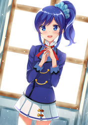  :d aikatsu! aikatsu!_(series) blue_eyes blue_hair blue_jacket blue_scrunchie blush commentary cowboy_shot day dutch_angle female fingernails hair_ornament hair_scrunchie hands_up highres indoors jacket kiriya_aoi long_hair long_sleeves open_mouth pleated_skirt round_teeth rurukuru school_uniform scrunchie shirt side_ponytail sidelocks skirt smile solo starlight_academy_school_uniform sunlight teeth upper_teeth_only white_shirt white_skirt window 