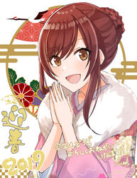  2019 :d animal bird blush braid brown_eyes brown_hair commentary_request egasumi female fingernails floral_print fur_collar hair_between_eyes hair_bun highres idolmaster idolmaster_shiny_colors japanese_clothes kimono long_hair looking_at_viewer okutomi_fumi open_mouth osaki_amana own_hands_together palms_together partial_commentary pink_kimono print_kimono sidelocks single_hair_bun smile solo translated 