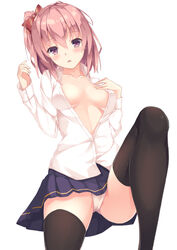  bad_id bad_pixiv_id black_thighhighs blue_skirt breasts collarbone female hair_ribbon hatsu_(first_snow) long_hair looking_at_viewer medium_breasts open_clothes open_shirt panties pink_hair pleated_skirt purple_eyes red_ribbon ribbon shirt simple_background skirt solo thighhighs tied_hair underwear white_background white_panties white_shirt yahari_ore_no_seishun_lovecome_wa_machigatteiru. yuigahama_yui 