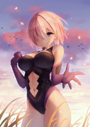  bad_id bad_pixiv_id black_leotard blue_sky breasts cleavage clothing_cutout cowboy_shot day elbow_gloves fate/grand_order fate_(series) female gloves hair_over_one_eye large_breasts leotard looking_at_viewer mash_kyrielight midriff navel navel_cutout oninaart outdoors pink_hair purple_eyes purple_gloves short_hair sky smile solo standing stomach 