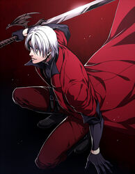  1boy alastor_(sword) coat commentary_request dante_(devil_may_cry) devil_may_cry_(series) jacket kuren long_coat male_focus red_coat solo sword weapon white_hair 