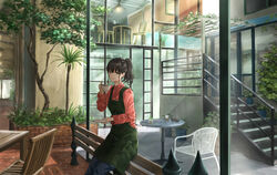  apron bad_id bad_pixiv_id black_hair blush cafe chair coffee cup dress_shirt female green_apron highres holding holding_cup holding_plate long_sleeves looking_at_viewer on_railing original outdoors pink_shirt plant plate potted_plant railing saucer shirt short_hair short_ponytail sitting smile solo stairs sugi87 table teacup tile_floor tiles tree trellis wicker_furniture window yellow_eyes 