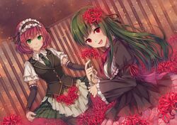  2girls :d apron_basket bad_id bad_pixiv_id black_dress black_pantyhose detached_sleeves dress flower gothic_lolita green_eyes green_hair green_necktie hair_flower hair_ornament hairband holding holding_flower juliet_sleeves lolita_fashion lolita_hairband long_hair long_sleeves multiple_girls natsu_natsuna neck_ribbon necktie open_mouth original pantyhose plaid plaid_skirt puffy_sleeves red_eyes red_flower red_hair red_ribbon ribbon short_hair skirt skirt_basket skirt_hold sleeve_garter sleeve_ribbon sleeveless_blazer smile spider_lily wide_sleeves 