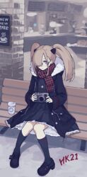  bench black_coat black_dress black_footwear black_socks buckle cafe camera character_name closed_mouth coat commentary cross cross_necklace cup day disposable_coffee_cup disposable_cup dot_nose drawstring dress female full_body fur-trimmed_hood fur_trim girls&#039;_frontline greek_cross grey_hair hair_ornament hair_over_one_eye highres hk21_(girls&#039;_frontline) holding holding_camera hood hood_down hooded_coat jewelry kneehighs knees_together_feet_apart light_smile long_hair long_sleeves looking_at_viewer mary_janes menu_board multicolored_clothes multicolored_scarf muted_color necklace on_bench open_clothes open_coat outdoors papaia_(quentingqoo) parted_bangs petticoat plaid plaid_scarf pleated_dress purple_eyes rimless_eyewear round_eyewear scarf shoes short_dress short_eyebrows sidelocks sign sitting sleeve_cuffs sleeves_past_wrists socks solo storefront translation_request twintails unbuttoned unzipped window winter winter_clothes winter_coat 