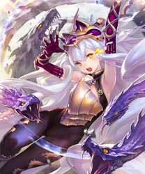  absurdly_long_hair arm_up armor armpits black_bodysuit bodysuit breastplate cloud cloudy_sky commentary_request cygames dragon elbow_gloves female flaming_eye gloves gold_trim headpiece highres hisakata_souji long_hair looking_at_viewer medusa_(shingeki_no_bahamut) official_art open_mouth outdoors red_gloves shadowverse shingeki_no_bahamut sky sleeveless slit_pupils snake solo very_long_hair watermark white_hair yellow_eyes 