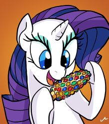  2017 absurd_res corn docwario equid equine female feral food friendship_is_magic gem hair hasbro hi_res horn jewelry mammal my_little_pony mythological_creature mythological_equine mythology orange_background plant purple_hair rarity_(mlp) simple_background smile solo unicorn 