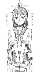  backpack bad_id bad_pixiv_id bag female fubuki_(kancolle) greyscale kantai_collection kuuga_(cf) looking_at_viewer monochrome photoshop_(medium) school_uniform serafuku short_hair skirt smile solo translation_request 