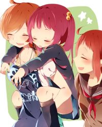  3girls ahoge apron bad_id bad_pixiv_id blunt_bangs blush boots brown_hair carrying closed_eyes hair_bobbles hair_ornament harumi_kajika harumi_sawara harumi_shinju jacket long_hair multiple_girls naoton open_mouth orange_hair piggyback red_hair short_hair siblings sisters smile tokyo_7th_sisters twintails 