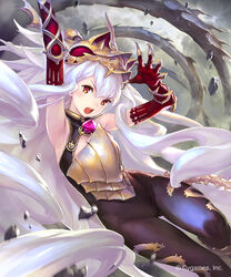  absurdly_long_hair arm_up armor armpits black_bodysuit bodysuit breastplate cloud cloudy_sky commentary_request cygames elbow_gloves female gloves gold_trim headpiece highres hisakata_souji long_hair looking_at_viewer medusa_(shingeki_no_bahamut) official_art open_mouth orange_eyes outdoors red_gloves shadowverse shingeki_no_bahamut sky sleeveless slit_pupils solo very_long_hair watermark white_hair 