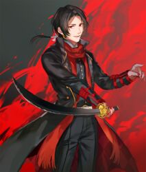  1boy black_hair commentary_request kashuu_kiyomitsu katana long_coat looking_at_viewer male_focus mole mole_under_mouth okii_(oh_ki_ik) ponytail red_eyes red_scarf scarf solo sword touken_ranbu weapon 