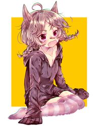  ahoge animal_ears bad_id bad_pixiv_id bandaid bandaid_on_face bandaid_on_nose black_hoodie blush braid breasts brown_hair cleavage collarbone drawstring female highres hood hood_down hoodie long_sleeves low_twintails naoton oerba_yun_fang open_mouth original oversized_clothes purple_eyes sitting sleeves_past_fingers sleeves_past_wrists small_breasts solo striped_clothes striped_thighhighs thighhighs twin_braids twintails two-tone_background wariza white_background wolf_ears yellow_background 