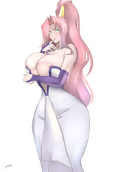  blush breast_hold breasts bridal_gauntlets bursting_breasts cleavage curvy dress female finger_to_mouth gensou_suikoden gensou_suikoden_v green_eyes high_ponytail huge_breasts jeane lips long_hair looking_at_viewer necklace pink_hair ponytail simple_background skindentation solo standing suikoden_v white_background wide_hips zetarok 