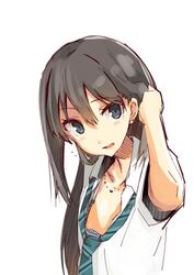  :d aqua_eyes bad_id bad_twitter_id black_hair earrings female idolmaster idolmaster_cinderella_girls iwasaki_takashi jewelry long_hair looking_at_viewer necklace necktie open_mouth school_uniform shibuya_rin simple_background smile solo white_background 