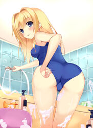  adjusting_clothes adjusting_swimsuit armpit_crease ass bathroom bathtub blonde_hair blue_eyes blue_one-piece_swimsuit blush breasts cameltoe chitose_sana clip_studio_paint_(medium) commentary_request female from_behind hair_between_eyes hair_down hair_intakes hatsu_(first_snow) holding holding_shower_head indoors leaning_forward long_hair looking_at_viewer looking_back one-piece_swimsuit school_swimsuit shower_head sideboob soap_bubbles solo standing swimsuit tenshinranman thigh_gap thighs tile_wall tiles 