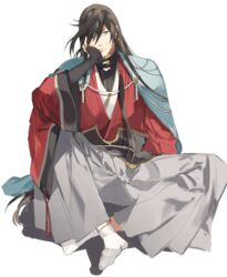  1boy bishounen black_hair blue_eyes commentary_request hakama hakama_skirt haori head_rest izumi-no-kami_kanesada japanese_clothes long_hair looking_at_viewer male_focus okii_(oh_ki_ik) sitting skirt solo tabi touken_ranbu very_long_hair wide_sleeves 