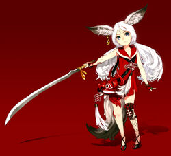  absurdres animal_ear_fluff animal_ears blade_&amp;_soul blue_eyes commentary_request dicorndl dress earrings female fingerless_gloves fox_ears gloves highres jewelry long_hair lyn_(blade_&amp;_soul) mask photoshop_(medium) sleeveless sleeveless_dress solo sword tail twintails weapon white_hair 