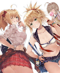  3girls ;p ahoge alternate_costume alternate_hairstyle artoria_pendragon_(fate) ass bag_charm blonde_hair blowing_bubbles bow bra bra_visible_through_clothes bracelet braid breasts cardigan cardigan_around_waist charm_(object) clothes_around_waist commentary_request cowboy_shot crown_braid denim denim_shorts dutch_angle fate/apocrypha fate/extra fate/grand_order fate_(series) green_eyes grin hair_over_one_eye hairbow highres jewelry light_brown_hair long_hair low_ponytail medium_breasts midriff mordred_(fate) mordred_(fate/apocrypha) mordred_(memories_at_trifas)_(fate) multiple_girls mysterious_heroine_x_alter_(fate) nail_polish navel nero_claudius_(fate) nero_claudius_(fate/extra) one_eye_closed open_clothes open_shirt pinky_out plaid plaid_skirt pleated_skirt ponytail red_bra ring sailor_collar school_uniform see-through shirt short_shorts shorts shoulder_blades simple_background skirt small_breasts smile strap_slip strapless tokopi tongue tongue_out tube_top underwear vest white_background wrist_cuffs 