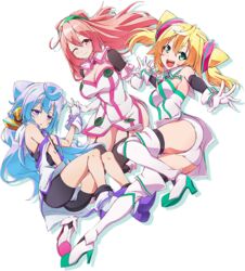  1boy 2girls ;) ass bike_shorts blonde_hair boots full_body green_eyes hacka_doll hacka_doll_1 hacka_doll_2 hacka_doll_3 key_visual long_hair multiple_girls official_art one_eye_closed otoko_no_ko pink_eyes pink_hair promotional_art purple_eyes purple_hair short_hair smile thigh_boots thighhighs transparent_background twintails 