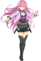  armor belt black_footwear black_thighhighs blazer blue_eyes boots breasts dress faulds female floating_hair full_body gakusen_toshi_asterisk glowing glowing_sword glowing_weapon hair_between_eyes hair_ornament holding holding_weapon jacket julis-alexia_von_riessfeld kawakami_tetsuya long_hair long_sleeves looking_at_viewer neon_trim official_art open_clothes open_jacket outstretched_arm purple_hair serious short_dress small_breasts solo standing sword thigh_boots thighhighs transparent_background turtleneck very_long_hair weapon zettai_ryouiki 