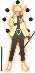  blonde_hair dual_wielding escrima_stick facial_mark full_body glowing male_focus naruto simple_background solo standing symbol-shaped_pupils thumb_hole uzumaki_naruto uzumaki_naruto_(rikudou_sennin_mode) 