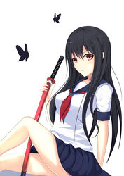  bad_id bad_pixiv_id black_hair black_skirt brown_eyes bug butterfly collarbone female hatsu_(first_snow) holding holding_sword holding_weapon katana long_hair looking_at_viewer original photoshop_(medium) pleated_skirt school_uniform serafuku shirt simple_background sitting skirt solo sword weapon white_background white_shirt 