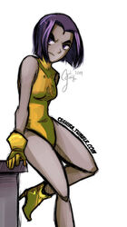  alternate_costume bob_cut boots breasts ceshira colored_skin commentary_request dc_comics desk facial_mark female forehead_mark gloves grey_skin high_heel_boots high_heels highres lady_legasus leaning leotard purple_hair raven_(dc) red_eyes short_hair signature small_breasts solo teen_titans watermark web_address 