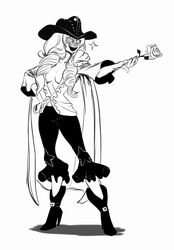  binarypen boots cavendish closed_eyes dressrosa female female flower greyscale hakuba hakuba_(one_piece) hand_on_hip hat long_hair monochrome one_piece open_mouth rose rule_63 solo standing 