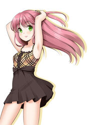  adjusting_hair armpits brown_skirt collarbone commentary_request female green_eyes hair_ornament highres long_hair original panties pantyshot photoshop_(medium) pleated_skirt red_hair simple_background skirt solo standing tying_hair underwear white_background white_panties yoshikita_popuri 