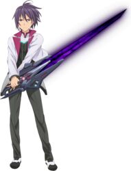  1boy amagiri_ayato black_shirt full_body gakusen_toshi_asterisk holding holding_sword holding_weapon jacket male_focus muscular official_art pants purple_eyes purple_hair school_uniform shirt shoes short_hair solo sword transparent_background weapon white_jacket 