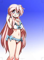  :d bad_id bad_pixiv_id bikini blush breasts female frilled_bikini frills glasses gradient_background highres long_hair looking_at_viewer lucky_star medium_breasts mizushima_(p201112) open_mouth paintbrush pink_hair purple_eyes smile solo swimsuit takara_miyuki trim_marks very_long_hair 