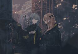  3girls armband black_jacket brown_hair building commentary_request factory girls&#039;_frontline grey_hair gun h&amp;k_ump hair_ribbon heckler_&amp;_koch holding holding_weapon hood hooded_jacket jacket multiple_girls nurim ribbon smog submachine_gun twintails ump40_(girls&#039;_frontline) ump45_(girls&#039;_frontline) ump9_(girls&#039;_frontline) weapon yellow_armband 