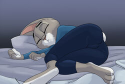  2018 akiric anthro ass barefoot bed biped closed_eyes clothed clothing disney duo feet female furniture judy_hopps lagomorph leporid lying mammal on_side pillow rabbit sleeping solo zootopia 