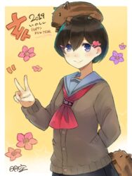  2019 animal animal_on_head arm_behind_back bad_id bad_pixiv_id black_hair black_skirt blue_sailor_collar blush boar brown_cardigan cardigan closed_mouth commentary cowboy_shot female flower gradient_background hair_between_eyes hair_ornament hairclip hand_up happy_new_year heart heart_hair_ornament long_sleeves looking_at_viewer mole mole_under_eye neckerchief new_year on_head original pleated_skirt red_neckerchief sailor_collar short_hair signature skirt smile solo tareme umasanjin yellow_background 