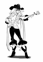  binarypen boots cavendish dressrosa female female flower greyscale hand_on_hip hat high_heel_boots high_heels long_hair looking_at_viewer monochrome one_piece rose rule_63 smile solo standing 