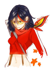  absurdres alternate_costume between_breasts black_hair blue_eyes breasts case commentary_request cropped_jacket female highres jacket kill_la_kill kumo_ni_notte matoi_ryuuko medium_breasts multicolored_hair navel safety_glasses scarf senketsu senketsu_(scarf) short_hair smile solo spoilers strap_between_breasts streaked_hair sunglasses suspenders symbol-shaped_pupils tinted_eyewear track_jacket yellow-tinted_eyewear 