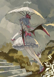  azling bat_wings blue_hair bow bush cattail cloud commentary_request detached_sleeves dress dutch_angle female frilled_dress frilled_umbrella frills from_behind hat hat_ribbon highres looking_down mob_cap outstretched_arm plant rain red_ribbon remilia_scarlet ribbon scarlet_devil_mansion shoes short_hair solo stairs touhou umbrella wings 