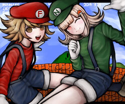  brown_hair danganronpa danganronpa_1 female fujisaki_chihiro hat lowres luigi luigi_(cosplay) mario mario_(cosplay) mario_(series) nanami_chiaki nintendo open_mouth pink_hair short_hair smile super_danganronpa_2 super_mario_bros. 