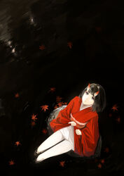  autumn_leaves black_eyes black_hair clothes_lift commentary_request eyeliner female from_above highres horns japanese_clothes kimono kimono_lift leaf looking_up makeup maple_leaf night oni oni_horns original pale_skin pantyhose parted_lips short_hair sitting soaking_feet solo tsukino_wagamo water white_pantyhose 